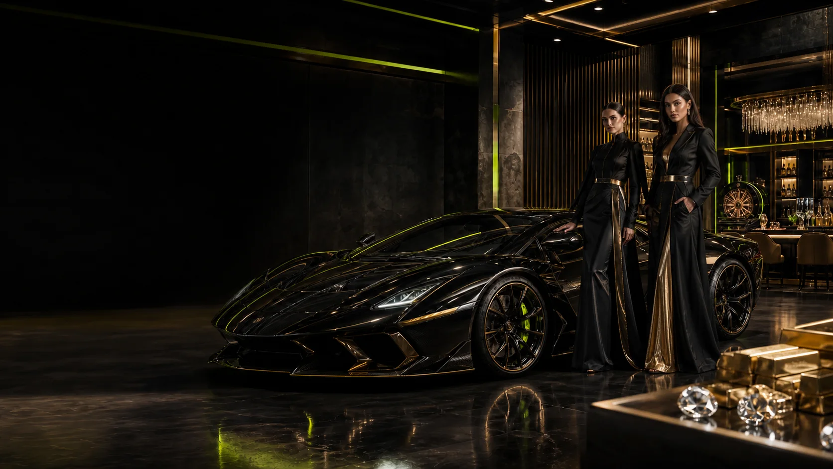 Schwarzer Luxus-Sportwagen mit zwei erwachsenen Fashionmodels in einer graphit-, lime- und goldfarbenen Dieselwin Casino-Lounge